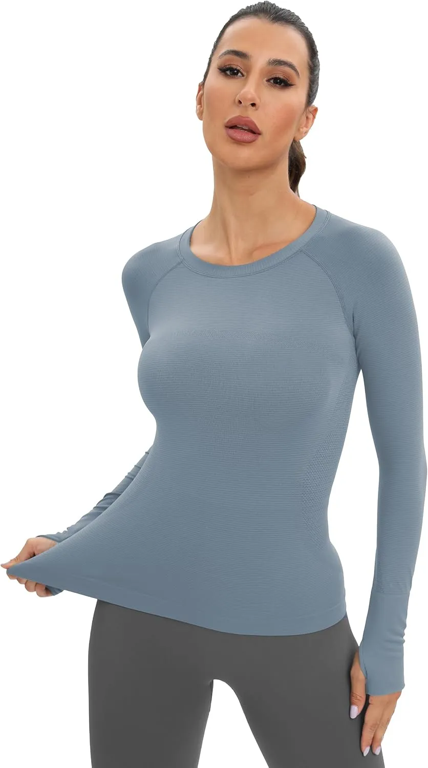 MathCat Workout Seamless Shirts for Women Long-Sleeved Yoga Running Breathable Thumb Holes Tops