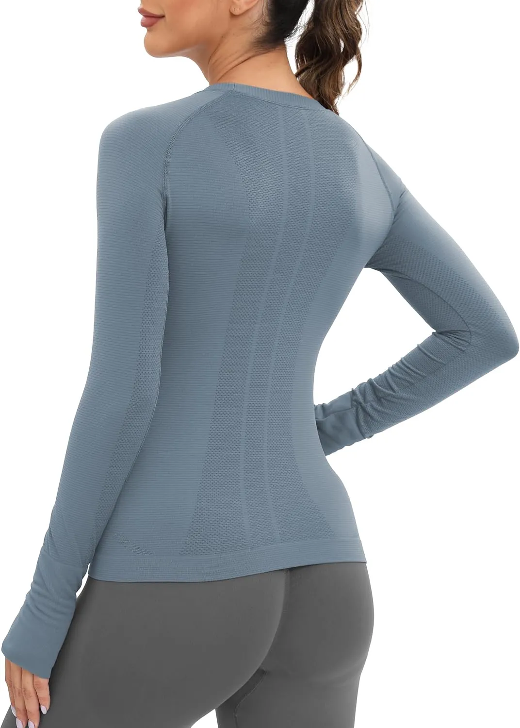 MathCat Workout Seamless Shirts for Women Long-Sleeved Yoga Running Breathable Thumb Holes Tops