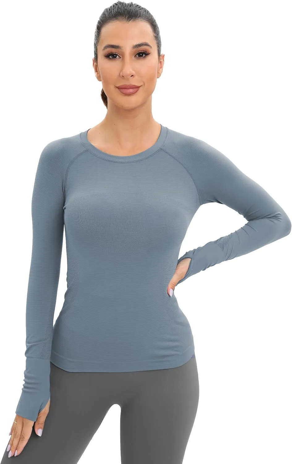 MathCat Workout Seamless Shirts for Women Long-Sleeved Yoga Running Breathable Thumb Holes Tops