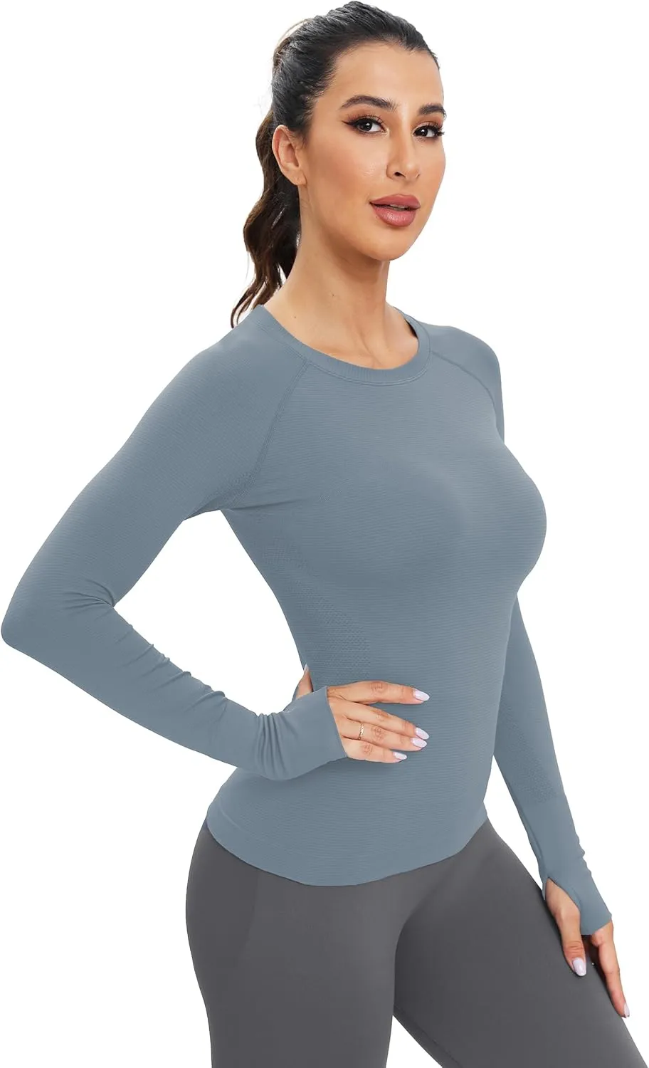 MathCat Workout Seamless Shirts for Women Long-Sleeved Yoga Running Breathable Thumb Holes Tops