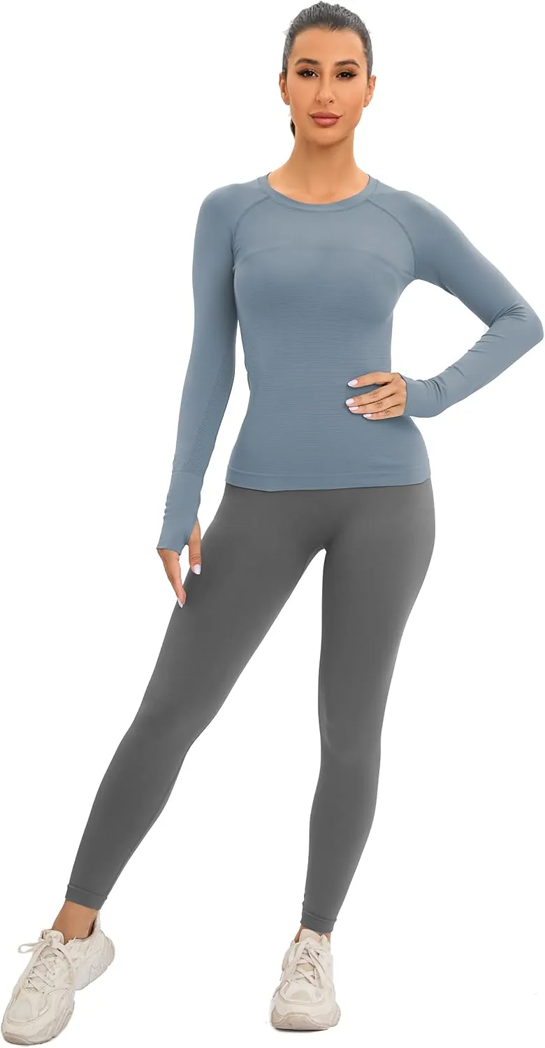MathCat Workout Seamless Shirts for Women Long-Sleeved Yoga Running Breathable Thumb Holes Tops