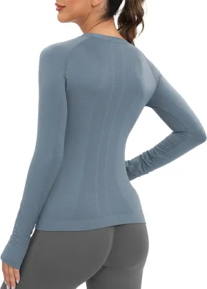 MathCat Workout Seamless Shirts for Women Long-Sleeved Yoga Running Breathable Thumb Holes Tops
