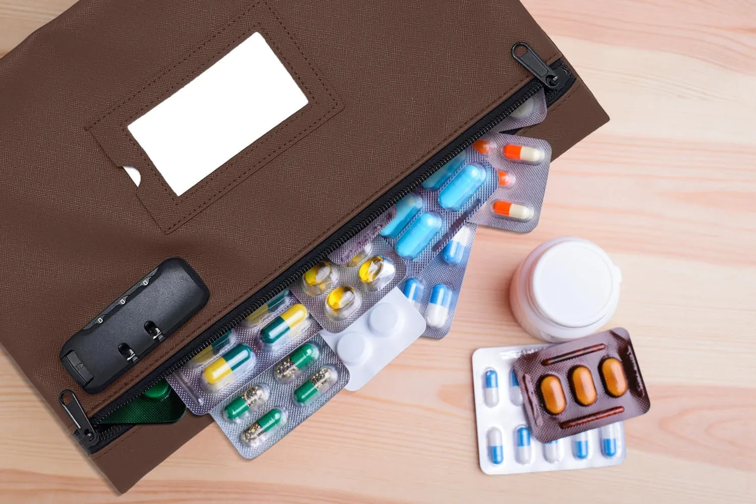 Medicine Bag with Lock | 12x8 Inch Med Bag | Medication Bag for Traveling | Small Pills Organizer (Dark Brown)