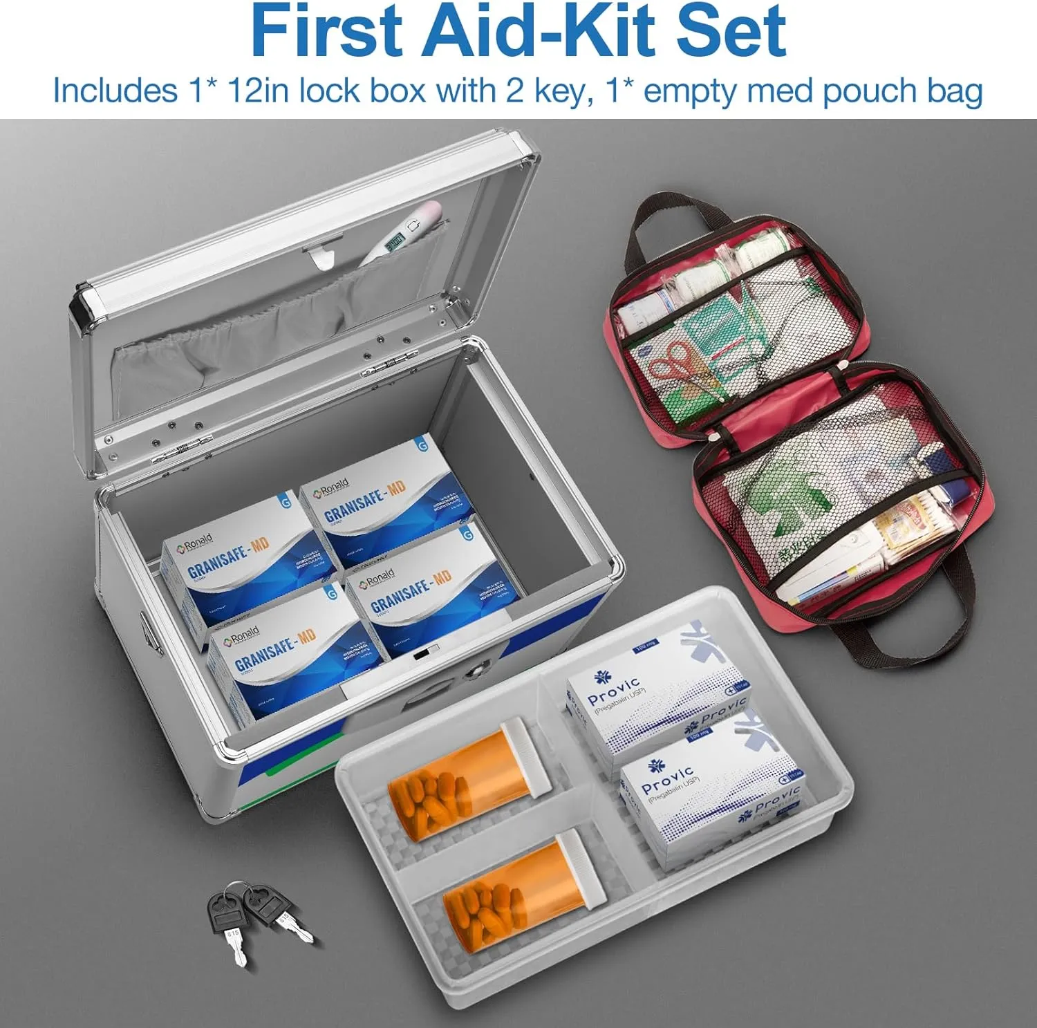 Medicine Lock Box, Medication Lock Box With Key, 11.2 x 7.6 x 7.6 Inch 【Medium】  First Aid Bag - Blue