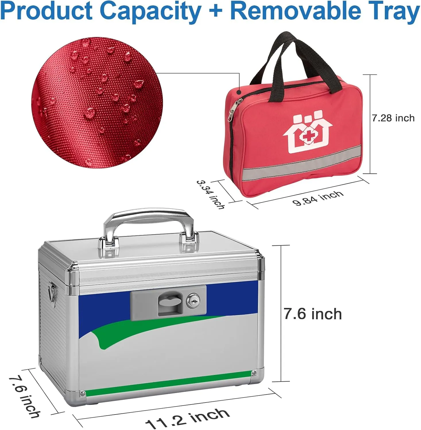 Medicine Lock Box, Medication Lock Box With Key, 11.2 x 7.6 x 7.6 Inch 【Medium】  First Aid Bag - Blue
