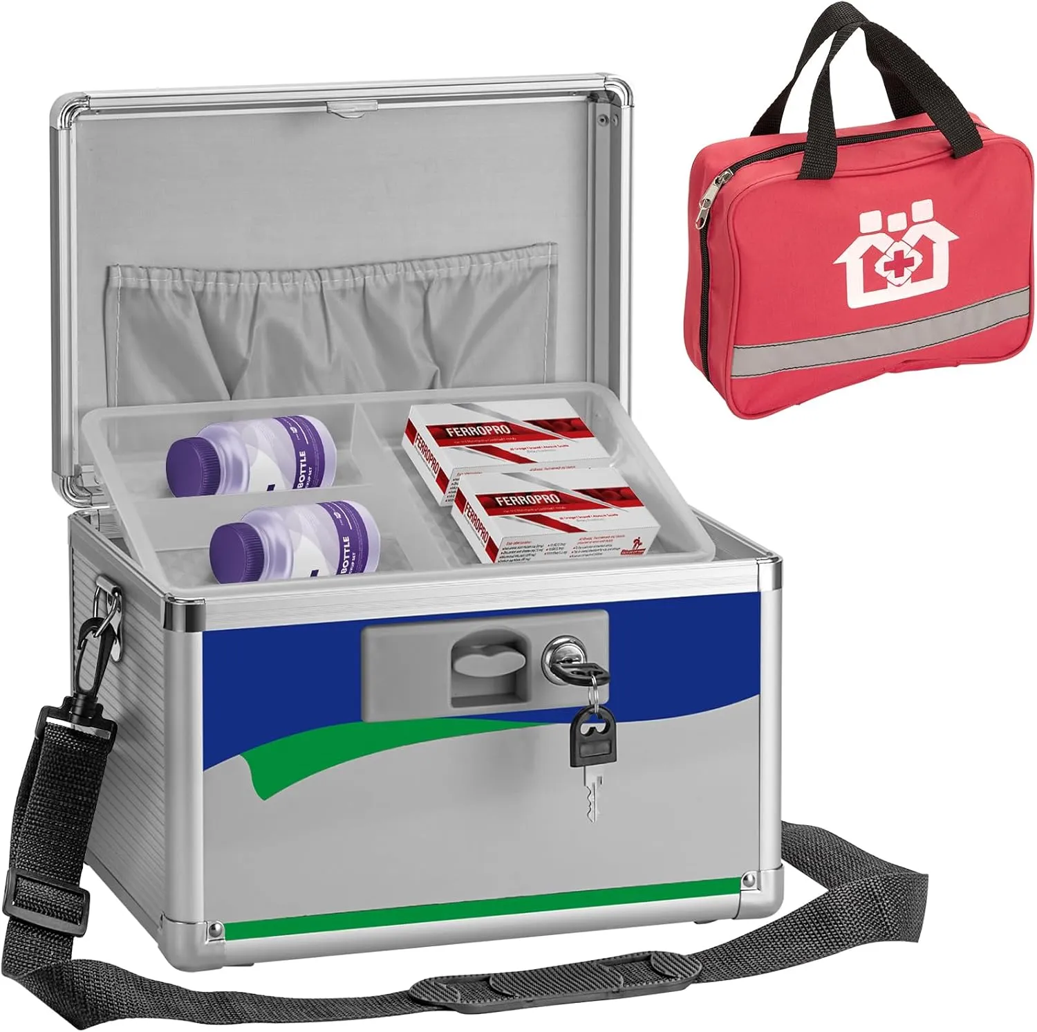 Medicine Lock Box, Medication Lock Box With Key, 11.2 x 7.6 x 7.6 Inch 【Medium】  First Aid Bag - Blue