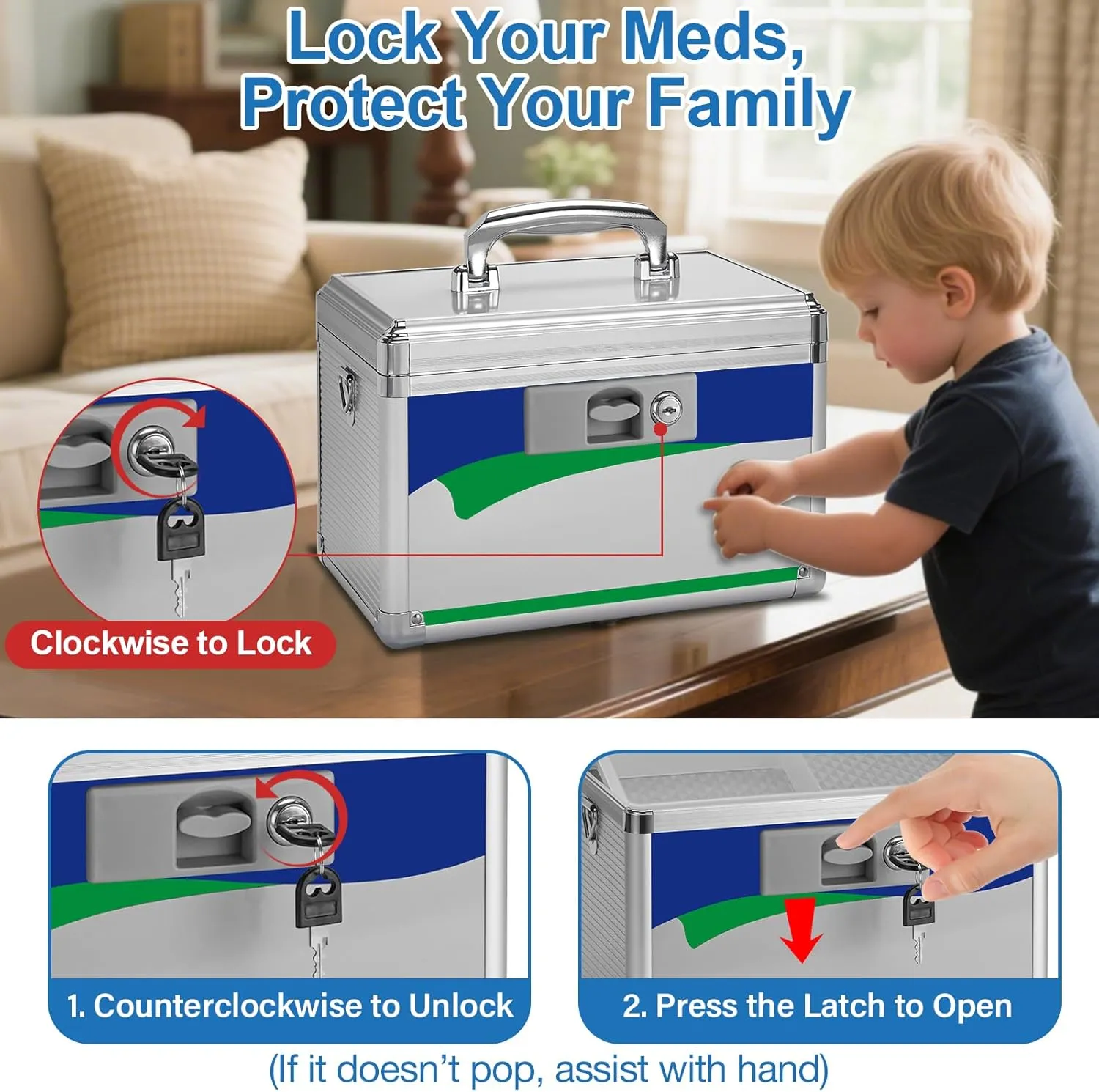 Medicine Lock Box, Medication Lock Box With Key, 11.2 x 7.6 x 7.6 Inch 【Medium】  First Aid Bag - Blue