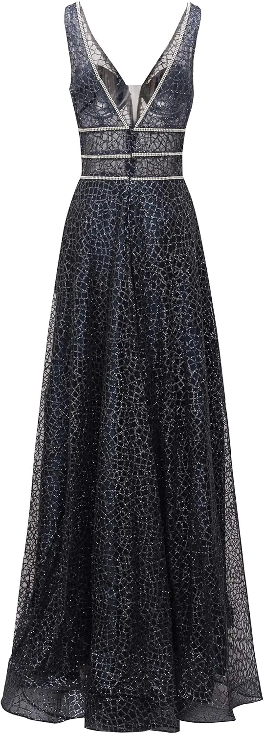 Meier Women's Glitter Tulle Double V-Neck A-Line Prom Formal Gown