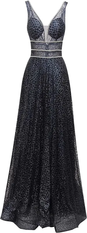 Meier Women's Glitter Tulle Double V-Neck A-Line Prom Formal Gown