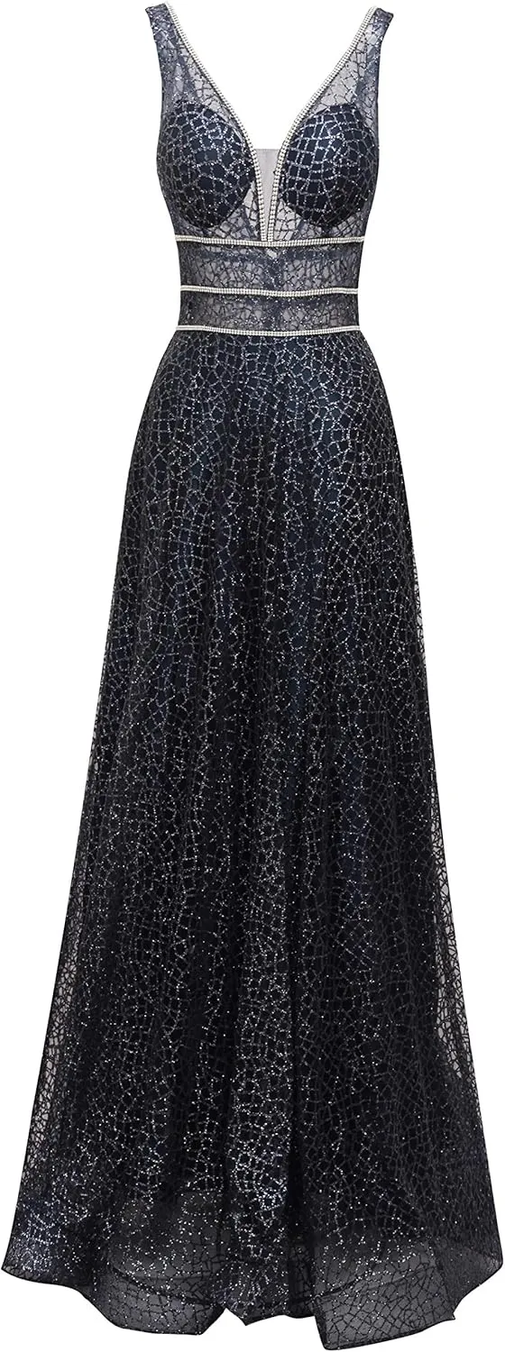 Meier Women's Glitter Tulle Double V-Neck A-Line Prom Formal Gown
