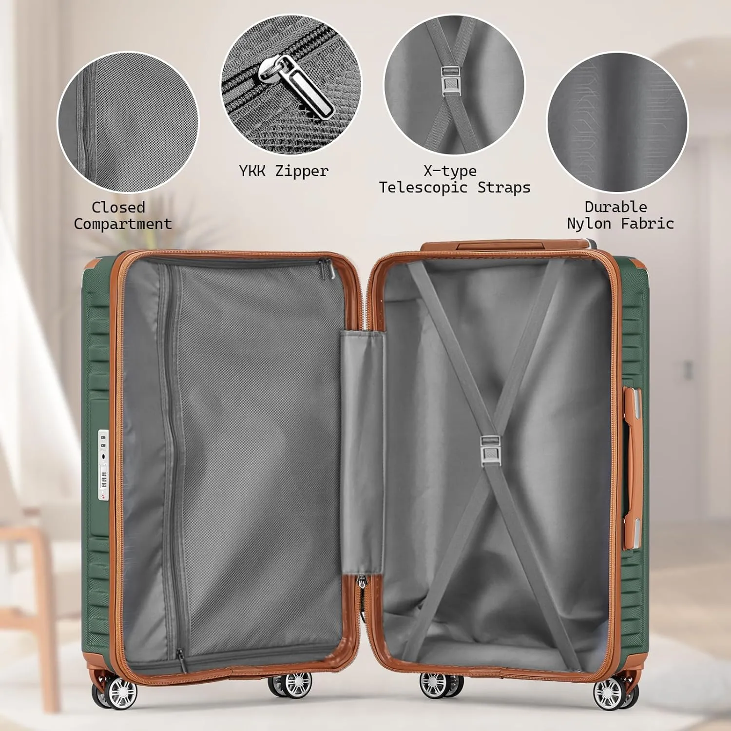 Melalenia Luggage Sets 3 Piece, Hard Shell Carry on Suitcase with Spinner Wheels and TSA Lock, Travel Lightweight Luggage Set for Women, Green Brown