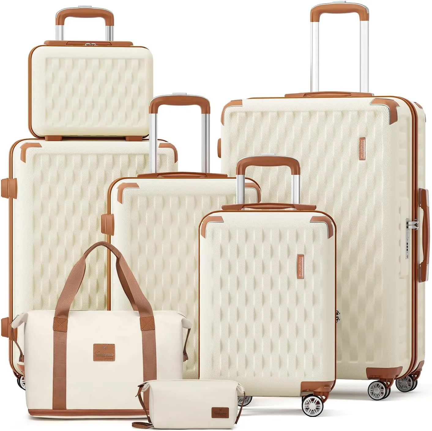 Melalenia Luggage Sets 7 Piece Hard Shell Carry on Suitcase with Spinner Wheels and TSA Lock, Lightweight Travel Duffel Bag for Women, Beige Brown
