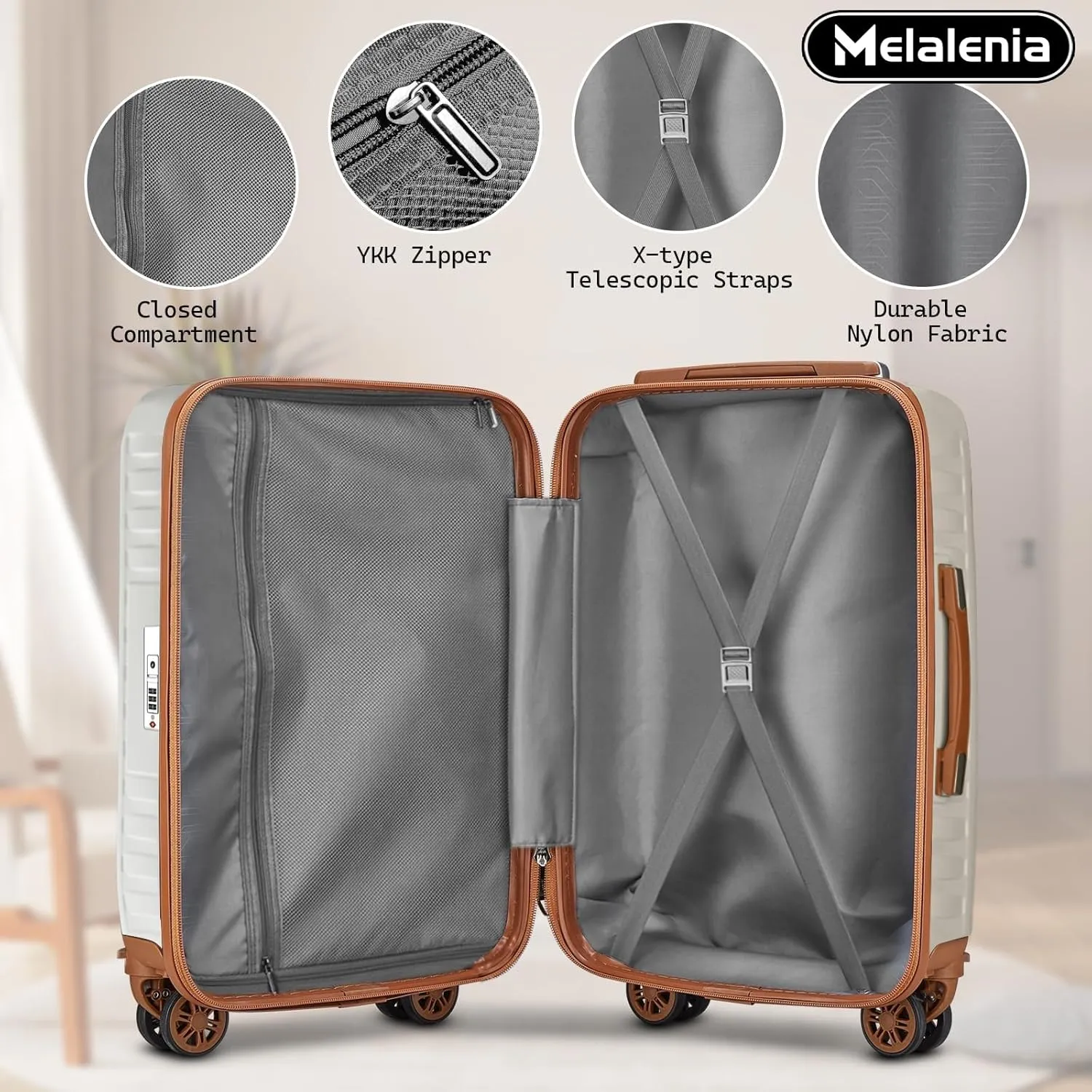Melalenia Luggage Sets 7 Piece Hard Shell Carry on Suitcase with Spinner Wheels and TSA Lock, Lightweight Travel Duffel Bag for Women, Beige Brown