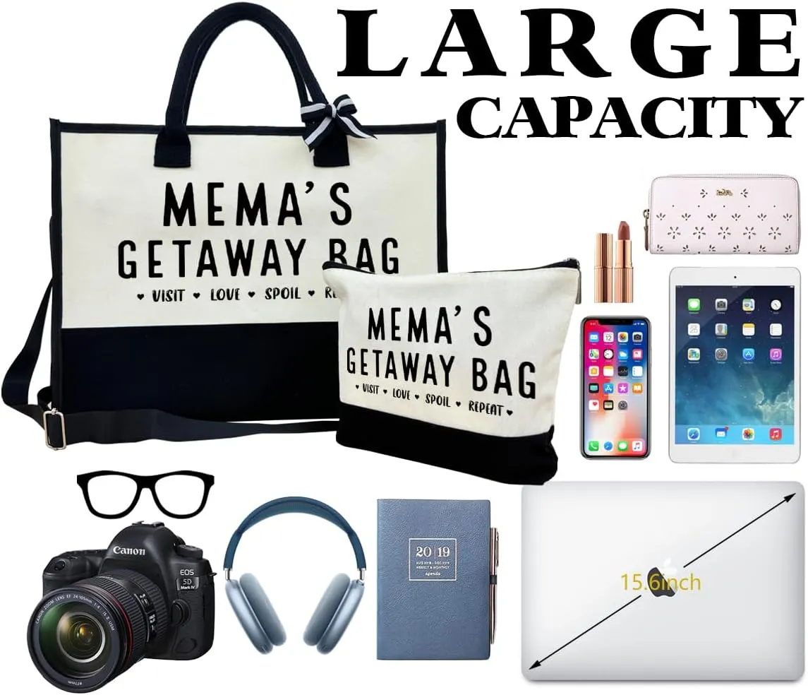 Mema's Getaway Beach Tote - Canvas Bag for Women's Birthday, Picnic, Shopping & Camping