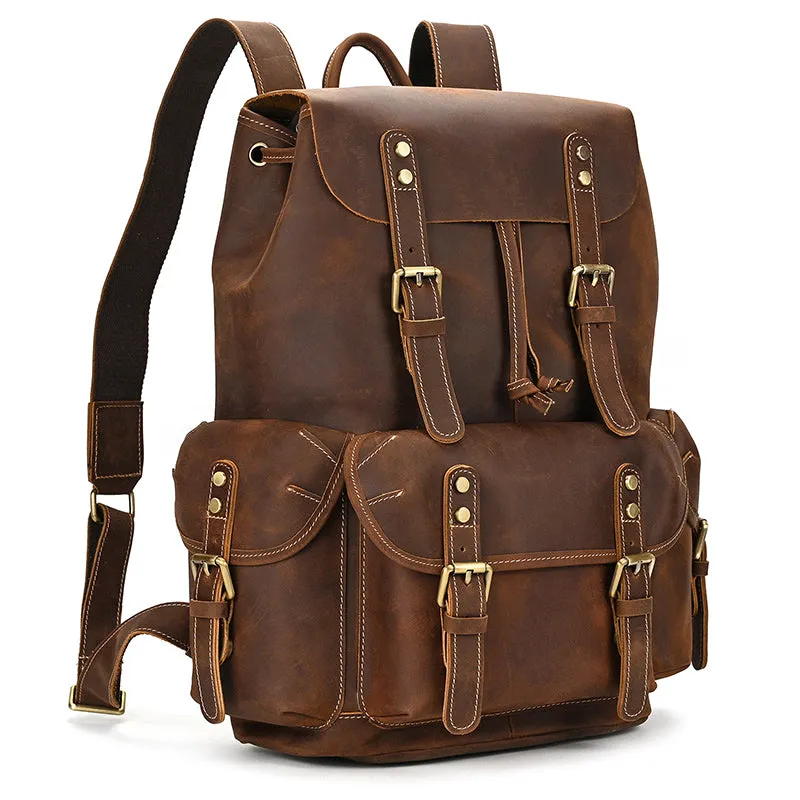 Men Backpack Crazy Horse Cow Leather Travel Bag