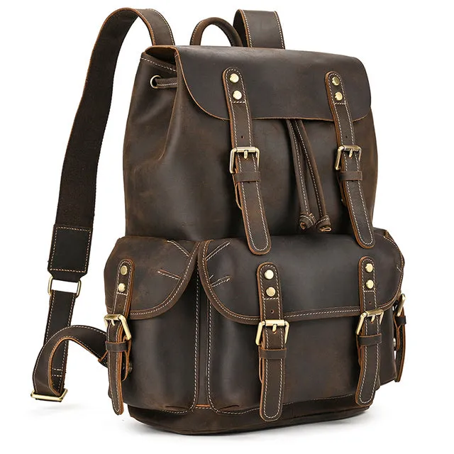Men Backpack Crazy Horse Cow Leather Travel Bag