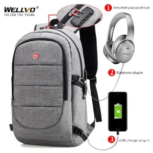 Men's Anti External Plug Tested &amp; Charging Theft Headphone USB Bag Backpack Multi-buy offer Laptop - Large -