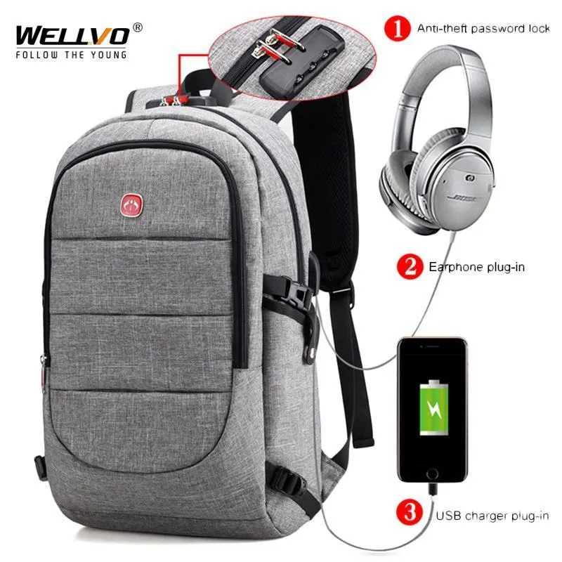 Men's Anti External Plug Tested &amp; Charging Theft Headphone USB Bag Backpack Multi-buy offer Laptop - Large -