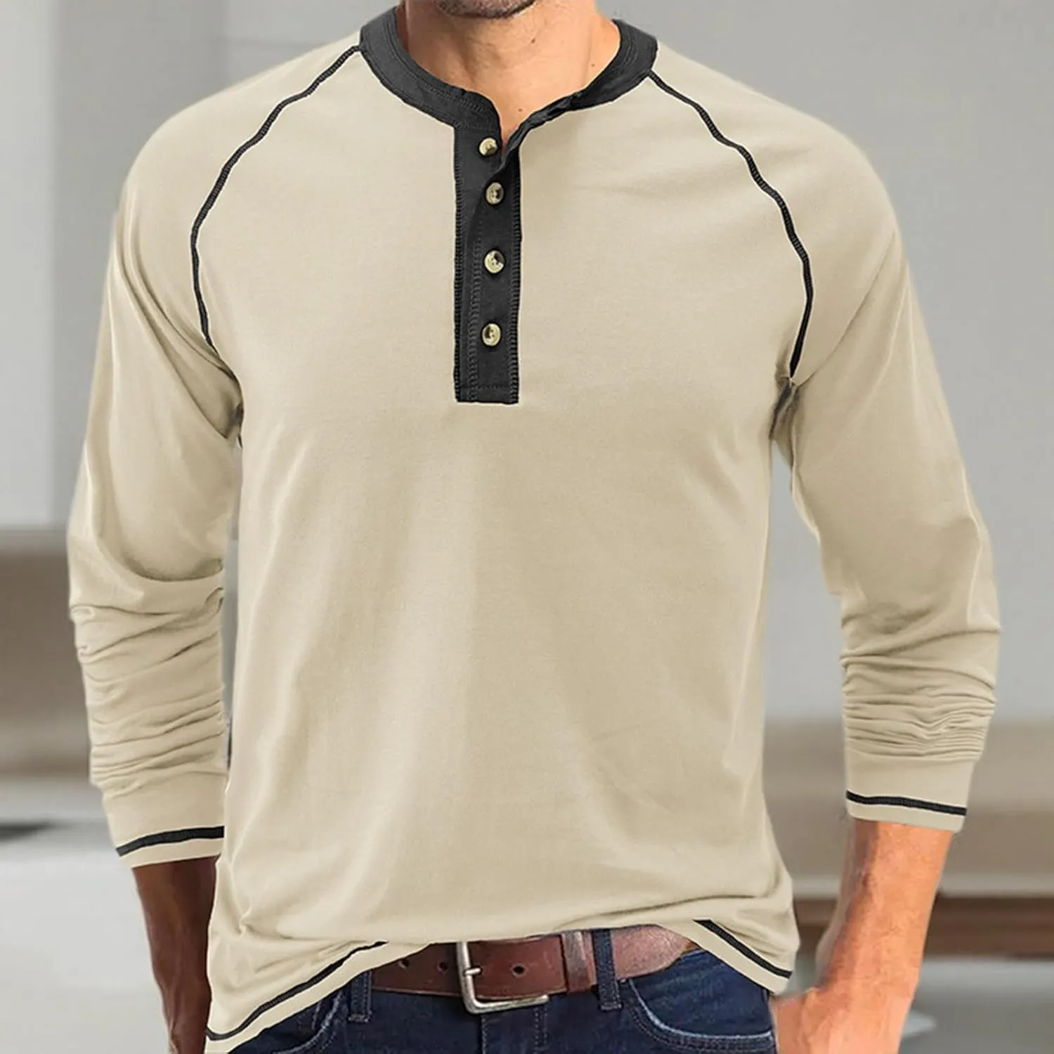Men's Casual Henley Shirts Long Sleeve Slim Fit Button Cotton Basic T-Shirt Lightweight Raglan Sleeve Tee Tops