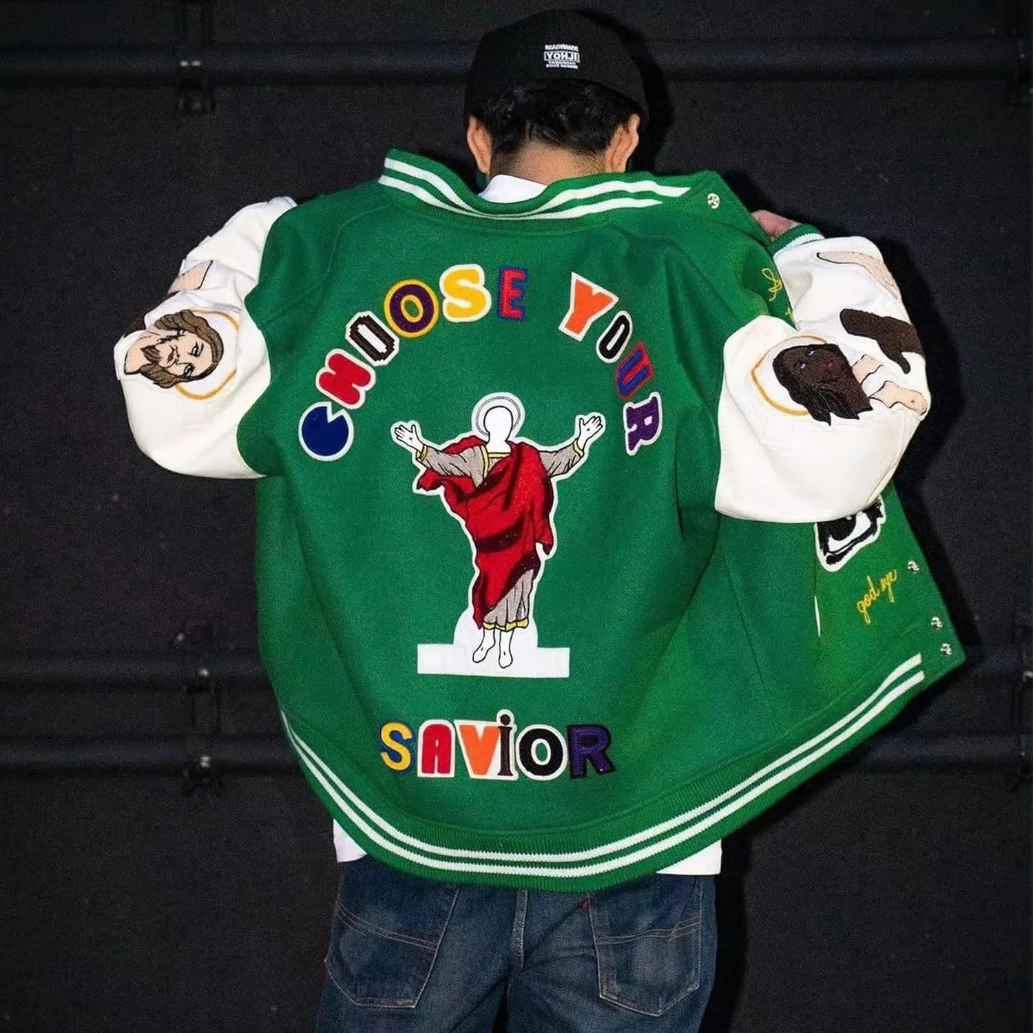 Men's Graphic Print Varsity Jacket Super star Vintage Padded Thickening Jesus Fleece ParquetBaseball Jacket Coat