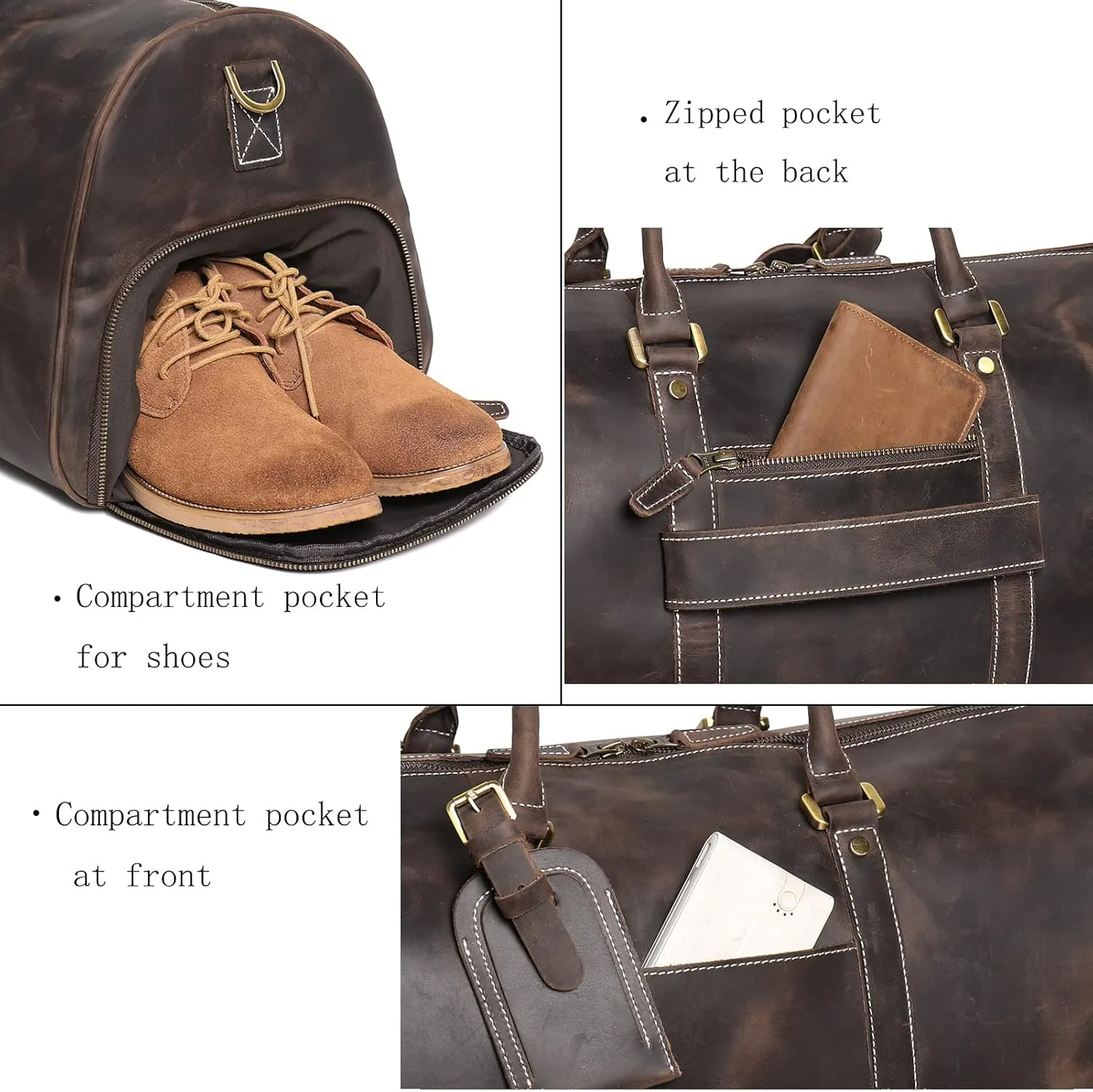 Mens Leather Duffel Bags Sport Vintage Leather Travel Gym Bag Weekender Overnight Classic Gift Genuine Gym Overnight Carry On Bag (Dark Brown, 22 Inch)