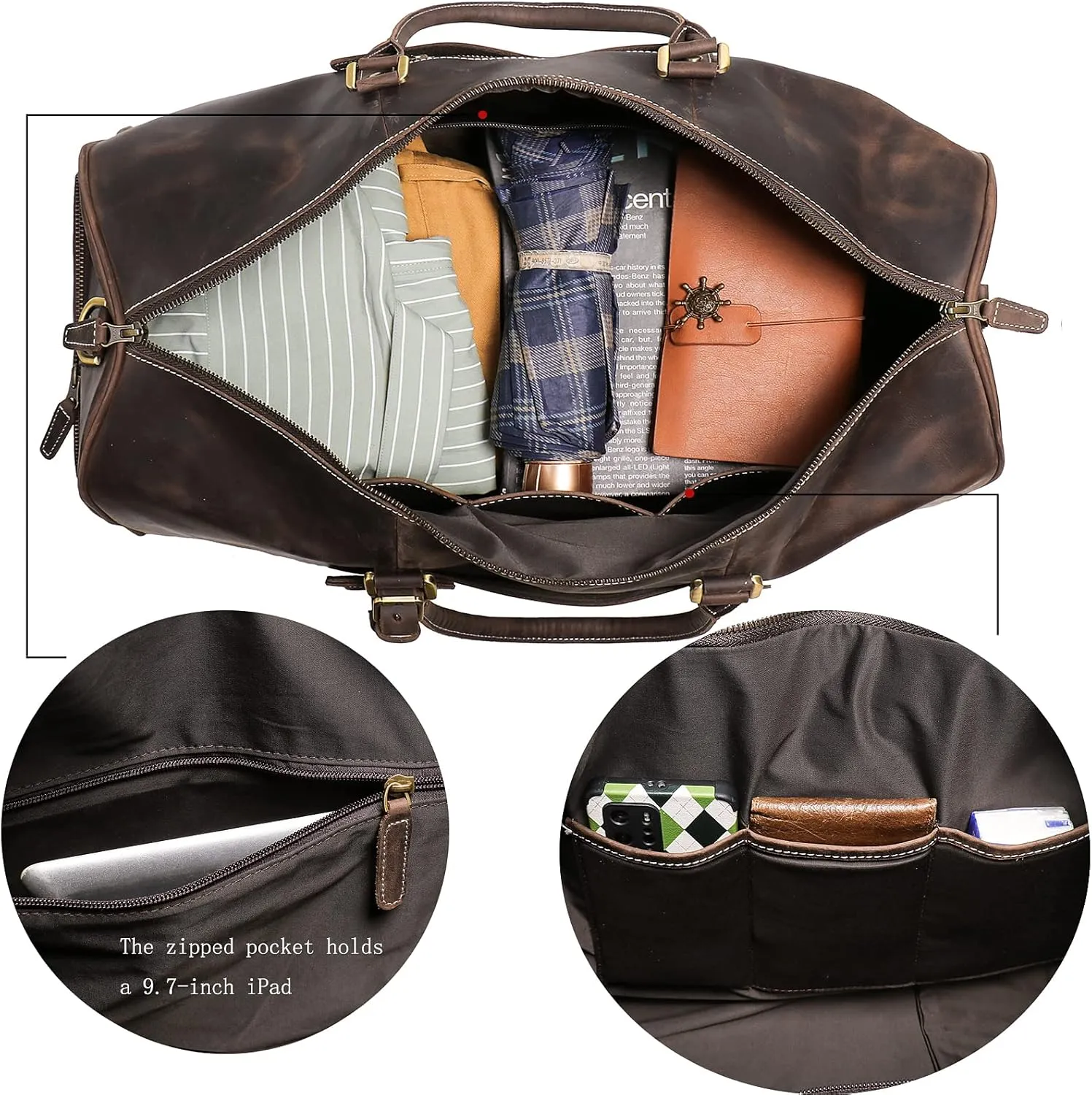 Mens Leather Duffel Bags Sport Vintage Leather Travel Gym Bag Weekender Overnight Classic Gift Genuine Gym Overnight Carry On Bag (Dark Brown, 22 Inch)