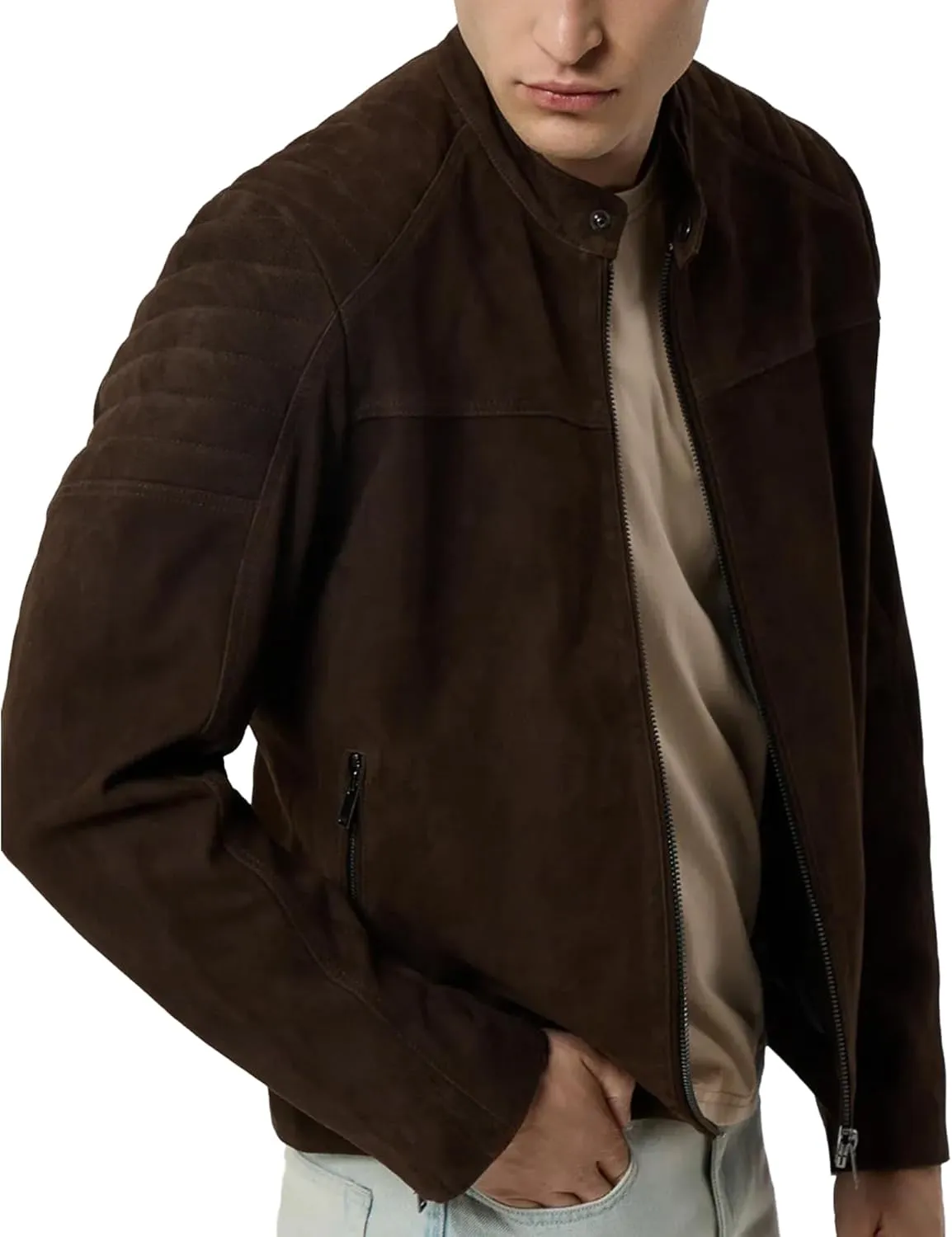 Men's Leather jackets Long Sleeve Casual Cowboy Zip Up Western Real Lambskin Vintage Suede Jacket For Men