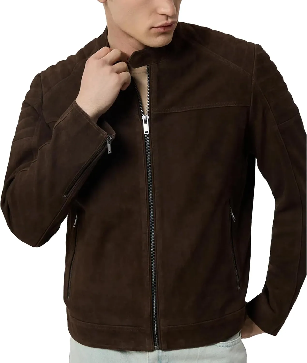 Men's Leather jackets Long Sleeve Casual Cowboy Zip Up Western Real Lambskin Vintage Suede Jacket For Men