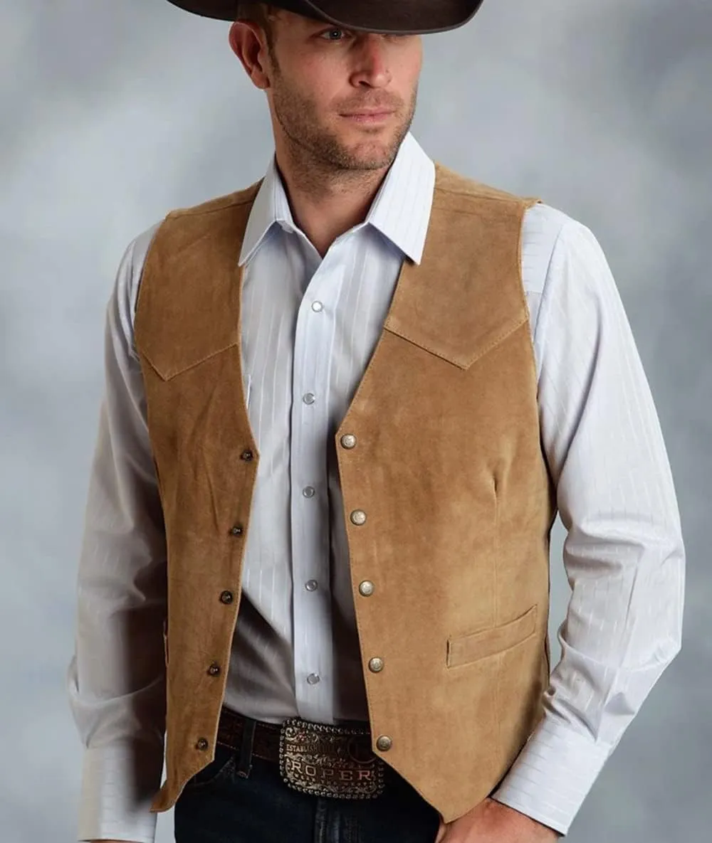 Men's Leather Suit Vest Suede Cowboy Classic Waistcoat V-Neck Single Breasted Casual Vintage Western Vest for Men