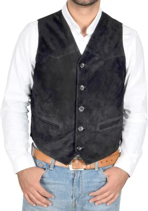 Mens Real Suede Waistcoat Classic Style Soft Black Suede Leather Vest Gilet - Cole