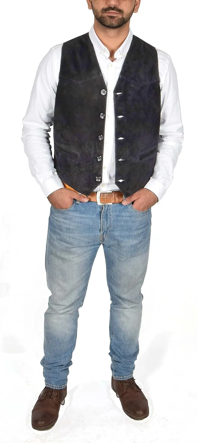 Mens Real Suede Waistcoat Classic Style Soft Black Suede Leather Vest Gilet - Cole