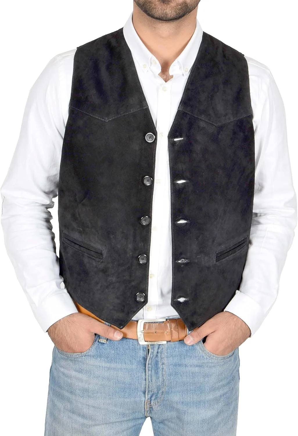 Mens Real Suede Waistcoat Classic Style Soft Black Suede Leather Vest Gilet - Cole