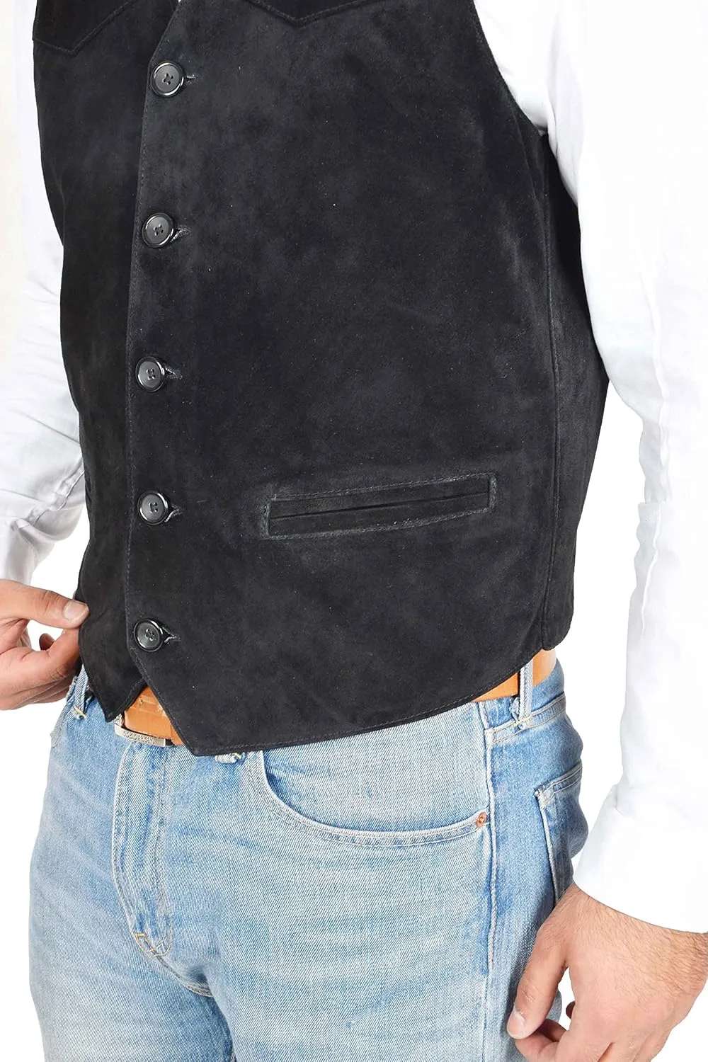 Mens Real Suede Waistcoat Classic Style Soft Black Suede Leather Vest Gilet - Cole
