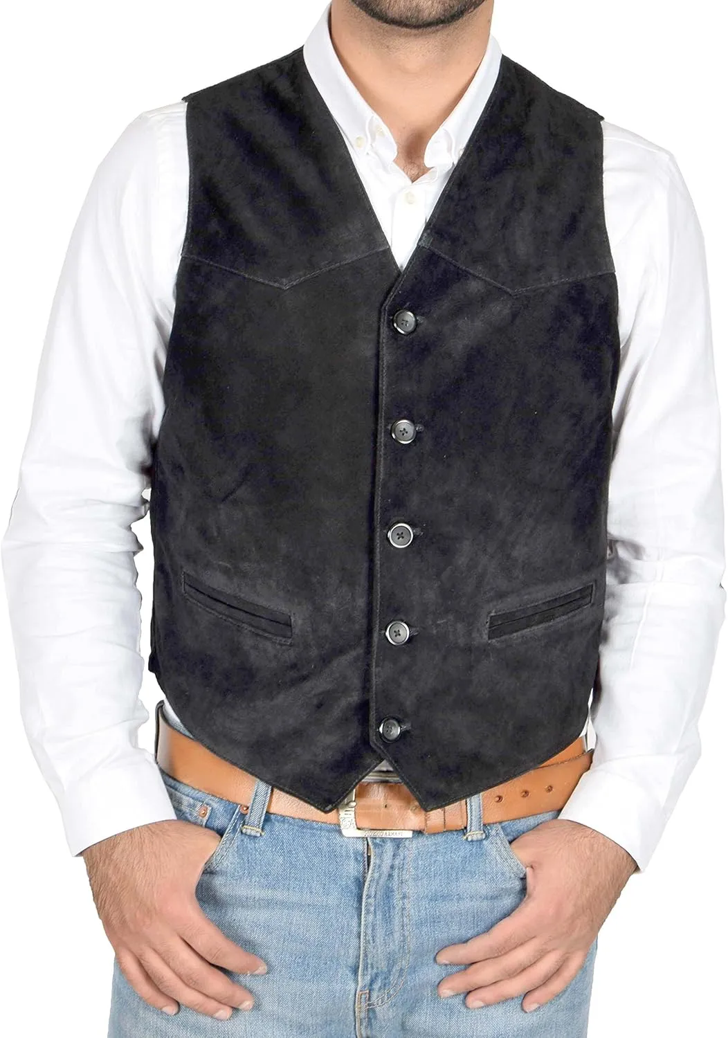 Mens Real Suede Waistcoat Classic Style Soft Black Suede Leather Vest Gilet - Cole