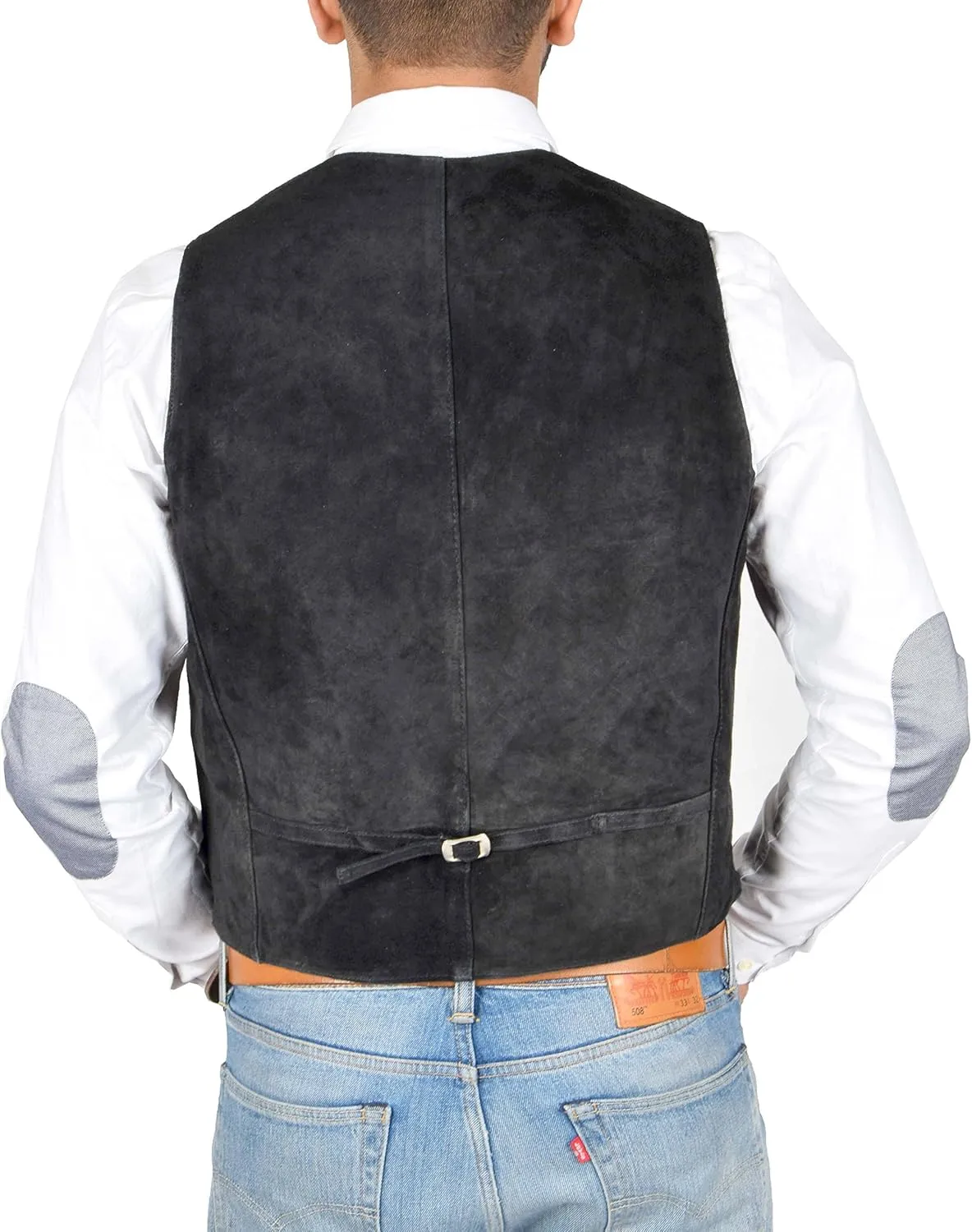 Mens Real Suede Waistcoat Classic Style Soft Black Suede Leather Vest Gilet - Cole