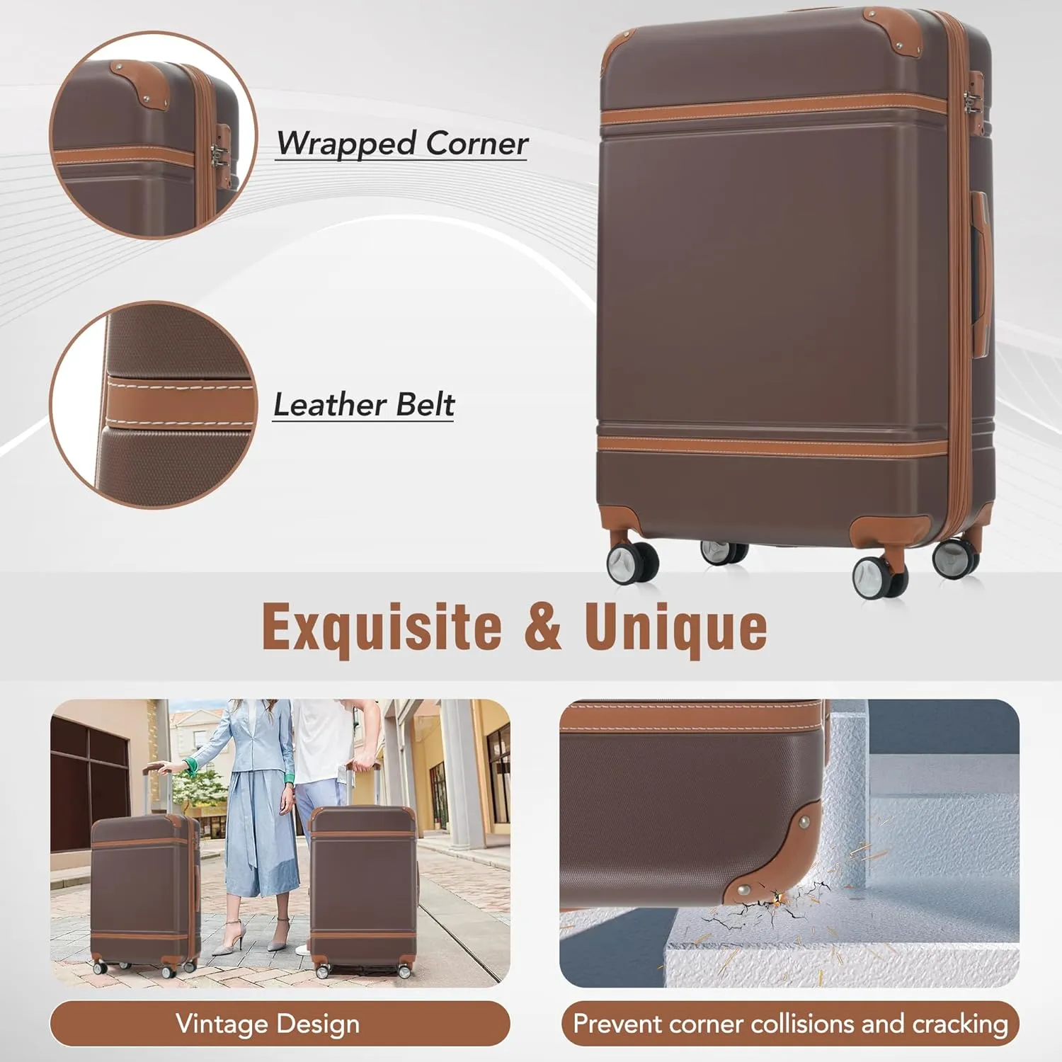 Merax Luggage Set, 3 Piece Luggage with Cosmetic Case, Vintage Hardcase Suitcase with Wheels, Expandable Luggage Airline Approved(Brown,20" 24" 28")