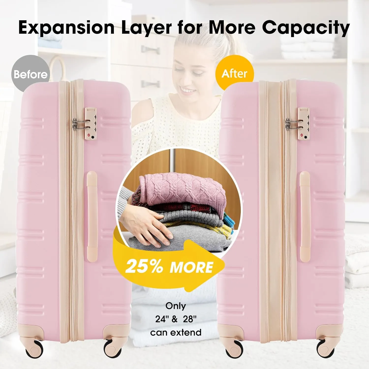 Merax Luggage Sets 3 Piece Expandable Hardshell Luggage with Spinner Wheels TSA Lock Suitcase Set(20/24/28,Light Pink-2)