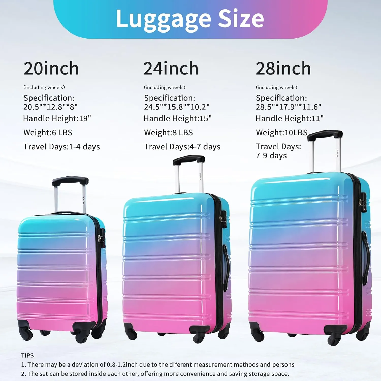 Merax Suitcase Set, Hardshell Luggage Sets 3 Piece with Spinner Wheels, Expandable Gradient Color Suitcase with TSA Lock Lightweight 20" 24" 28", Blue and Red