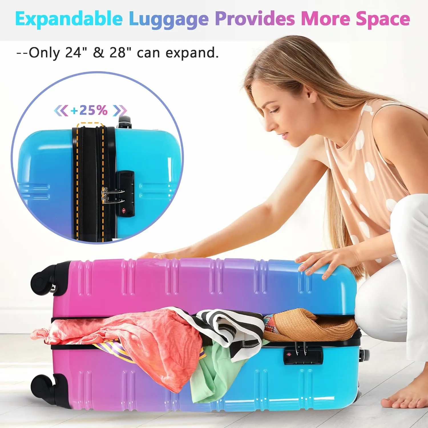 Merax Suitcase Set, Hardshell Luggage Sets 3 Piece with Spinner Wheels, Expandable Gradient Color Suitcase with TSA Lock Lightweight 20" 24" 28", Blue and Red