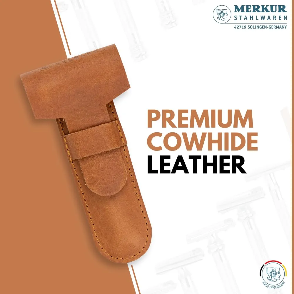 MERKUR Leather Razor Case - Brown Cowhide, Fits All MERKUR Razors Except 24001, Up to 110 mm