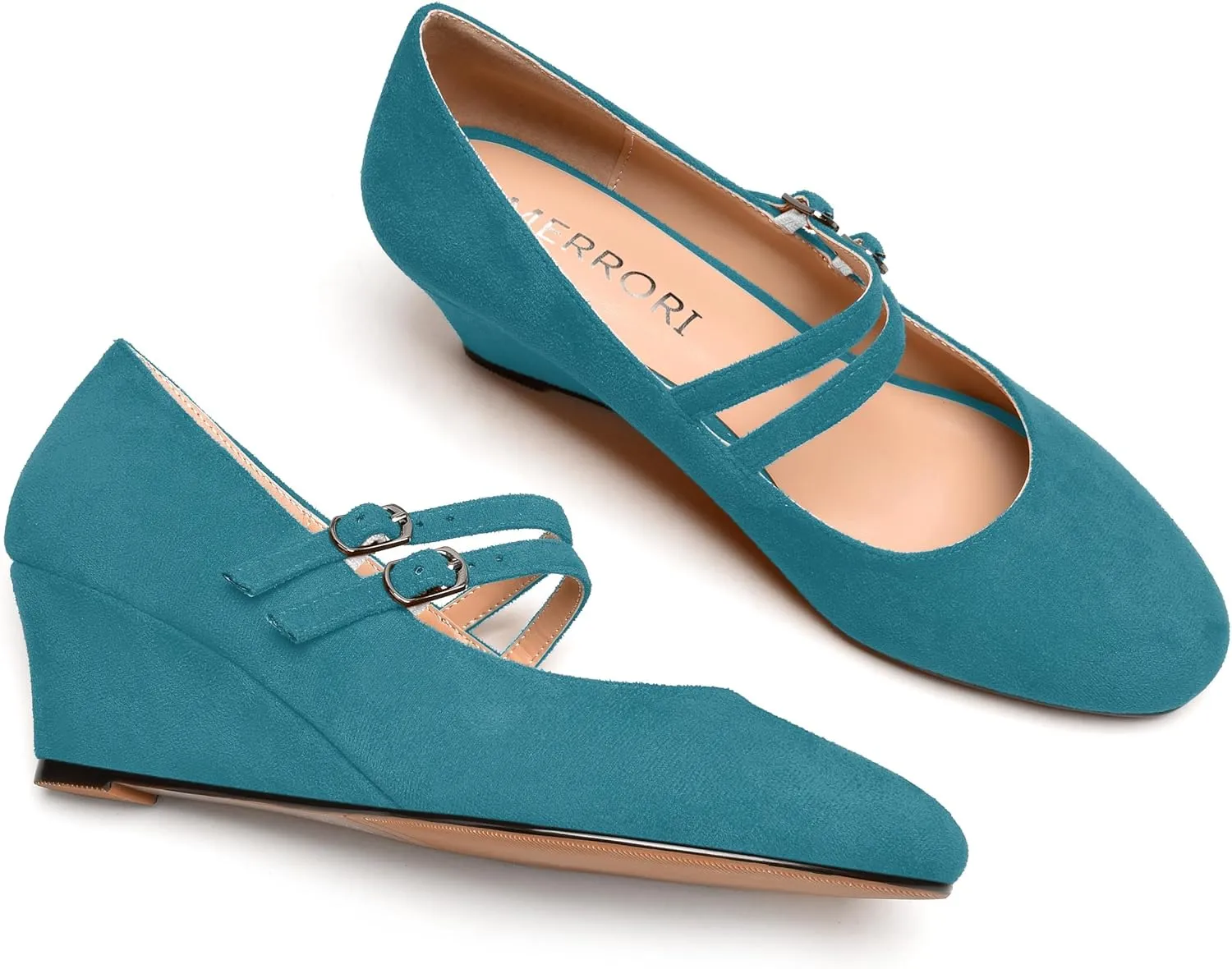 MERRORI Womens Evening Round Toe Casual Buckle Suede Wedge Low Heel Pumps Shoes 2 Inch
