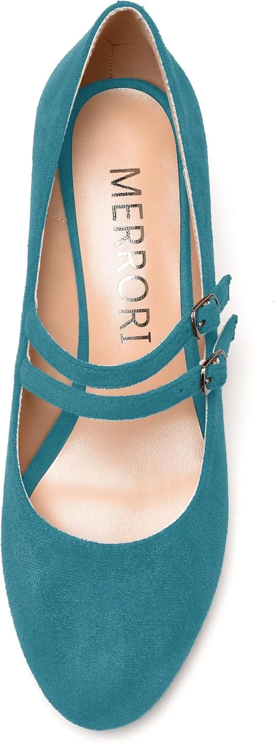 MERRORI Womens Evening Round Toe Casual Buckle Suede Wedge Low Heel Pumps Shoes 2 Inch