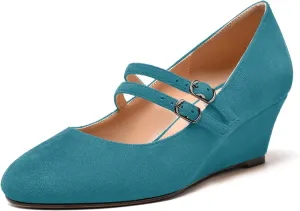 MERRORI Womens Evening Round Toe Casual Buckle Suede Wedge Low Heel Pumps Shoes 2 Inch