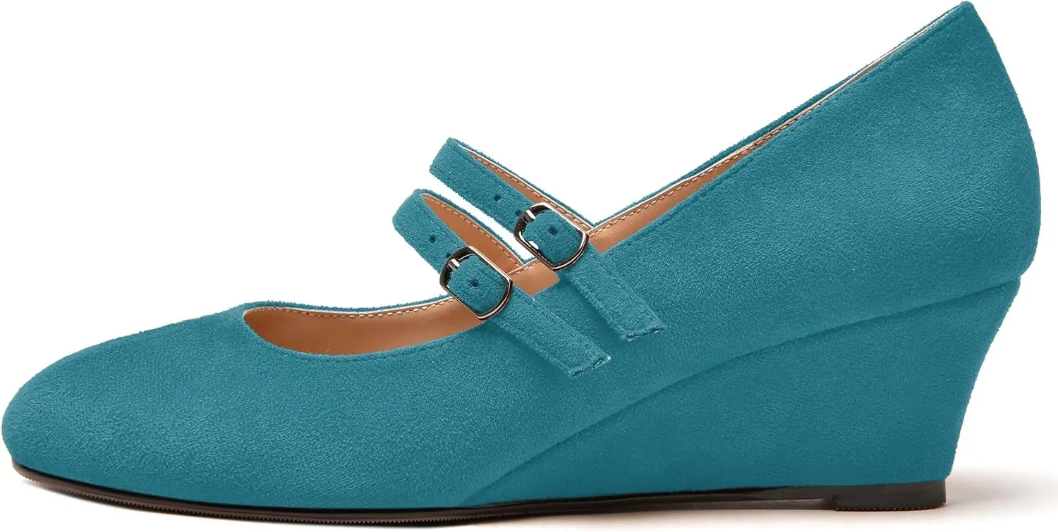 MERRORI Womens Evening Round Toe Casual Buckle Suede Wedge Low Heel Pumps Shoes 2 Inch
