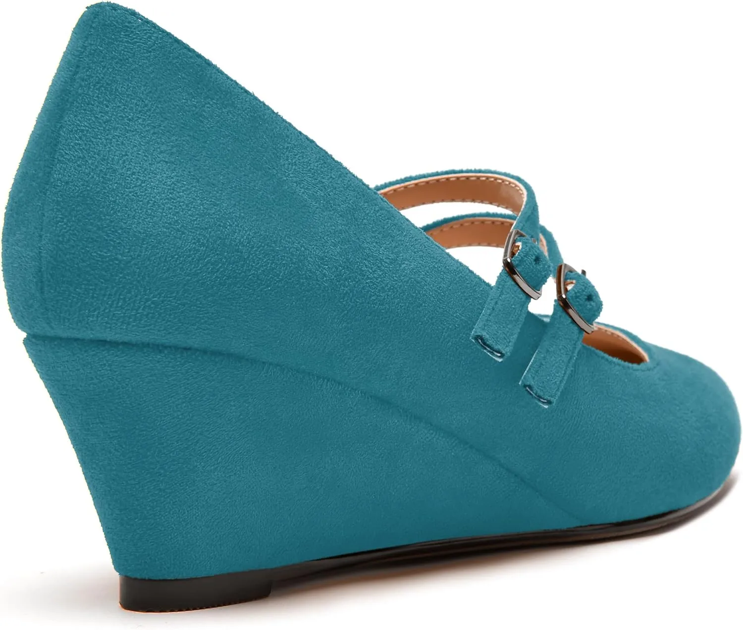 MERRORI Womens Evening Round Toe Casual Buckle Suede Wedge Low Heel Pumps Shoes 2 Inch