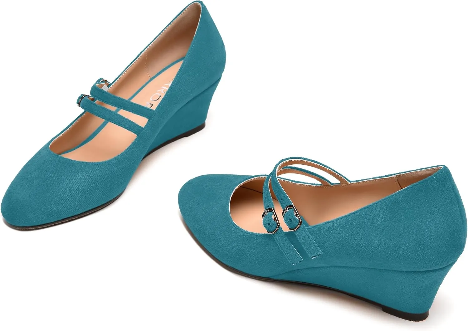 MERRORI Womens Evening Round Toe Casual Buckle Suede Wedge Low Heel Pumps Shoes 2 Inch