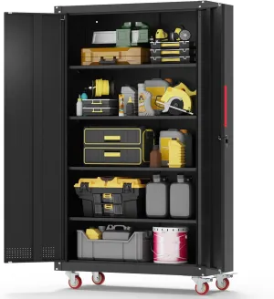 Metal Garage Cabinets with Wheels| 71" Steel Lockable Garage Storage Cabinet with 4 Adjustable Shelves, Heavy-Duty Tool Storage Cabinet for Home, Basement, Workshop (Black)