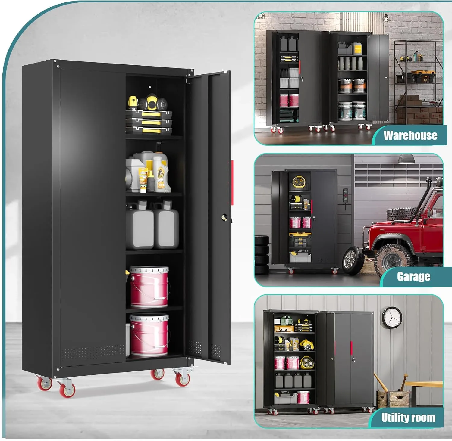 Metal Garage Cabinets with Wheels| 71" Steel Lockable Garage Storage Cabinet with 4 Adjustable Shelves, Heavy-Duty Tool Storage Cabinet for Home, Basement, Workshop (Black)