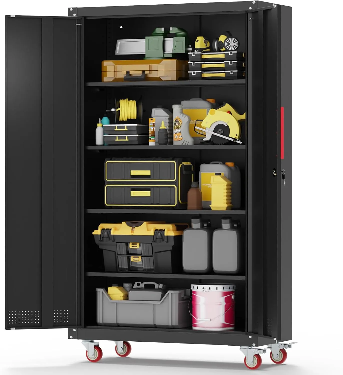 Metal Garage Cabinets with Wheels| 71" Steel Lockable Garage Storage Cabinet with 4 Adjustable Shelves, Heavy-Duty Tool Storage Cabinet for Home, Basement, Workshop (Black)