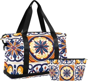Mexican Floral Ceramic Print Gym Bag for Women Sport Travel Duffel Bag Shoulder Weekender Overnight Bags with Wet Pocket & Shoe Compartment